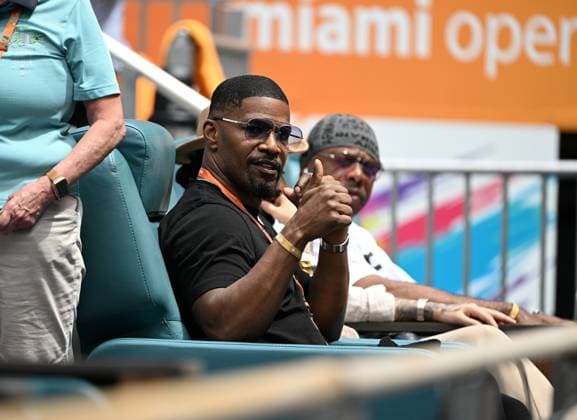 MIAMI GARDENS FL - MARCH 30: Jamie Foxx seen watching Daniil Medvedev Vs Christopher Eubanks during the Mens Quarter Finals at the 2023 Miami Open held at at Hard Rock Stadium on March 30, 2023 in Miami Gardens, Florida. Copyright: xmpi04x