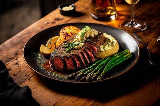 RECORD DATE NOT STATED An AI-generated illustration of a plate with steak, asparagus, and mashed potatoes. *** An&Verkauf AI generiert illustrierung des einer Teller mit steak, asparagus, und pürierter Kartoffeln 15488074