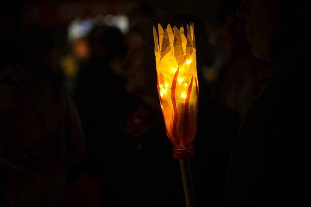 Handmade torch from transparent paper and fairy lights on a traditional procession of lights on St. martin s day at night in Germany, copy space, selected focus Handmade torch from transparent paper and fairy lights on a traditional procession of lights on St. martin s day at night in Germany, copy space, selected focus, narrow depth of field Copyright: xZoonar.com MARENxWINTERx 19393261