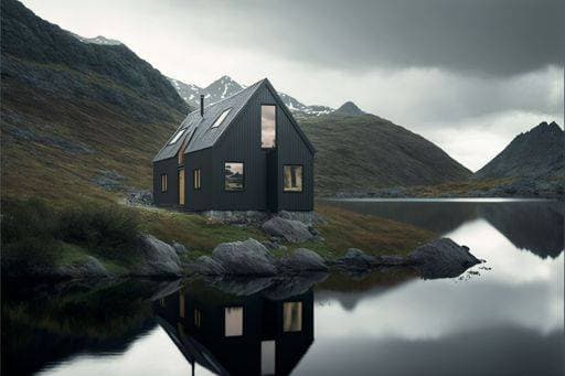 RECORD DATE NOT STATED An AI generated illustration of a modern house on by the lake surrounded by mountains *** An&Verkauf AI generiert illustrierung des einer Modernes Haus am indem der See umgeben indem Gebirge 16427733