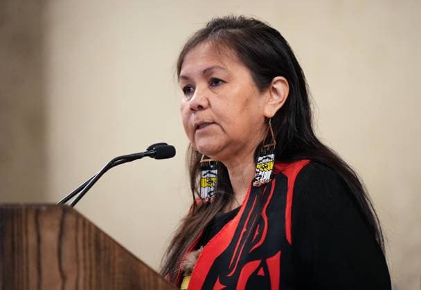 April 3, 2023, VANCOUVER, BC, CANADA: Gitxaala Nation Chief Councillor Linda Innes speaks during a news conference before marching to B.C. Supreme Court in Vancouver, B.C., Monday, April 3, 2023. The British Columbia First Nation challenging the province over an online registry it uses to automatically grant mineral rights is very hopeful the B.C. Supreme Court will side with it following a two-week hearing in Vancouver, its chief councillor says. VANCOUVER CANADA  - ZUMAc35_ 20230403_zaf_c35_069 Copyright: xDarrylxDyckx