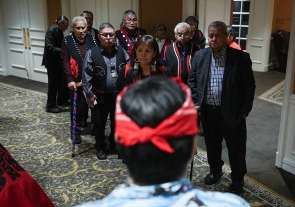 April 3, 2023, VANCOUVER, BC, CANADA: Gitxaala Nation Chief Councillor Linda Innes, centre, and Hereditary Chief Matthew Hill (Sm ooygit Nees Hiwaas), right, wait to begin a news conference before marching to B.C. Supreme Court in Vancouver, B.C., Monday, April 3, 2023. The British Columbia First Nation challenging the province over an online registry it uses to automatically grant mineral rights is very hopeful the B.C. Supreme Court will side with it following a two-week hearing in Vancouver, its chief councillor says. VANCOUVER CANADA - ZUMAc35_ 20230403_zaf_c35_070 Copyright: xDarrylxDyckx