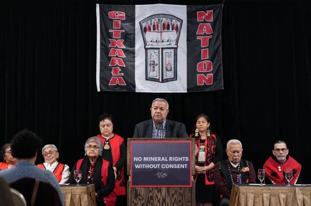 April 3, 2023, VANCOUVER, BC, CANADA: Gitxaala Nation Hereditary Chief Matthew Hill (Sm ooygit Nees Hiwaas), centre, speaks during a news conference before marching to B.C. Supreme Court in Vancouver, B.C., Monday, April 3, 2023. The British Columbia First Nation challenging the province over an online registry it uses to automatically grant mineral rights is very hopeful the B.C. Supreme Court will side with it following a two-week hearing in Vancouver, its chief councillor says. VANCOUVER CANADA - ZUMAc35_ 20230403_zaf_c35_071 Copyright: xDarrylxDyckx