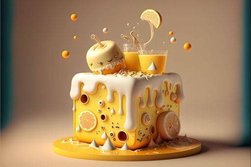 RECORD DATE NOT STATED An AI generated illustration of a decorated yellow cake with melting cream with brown background *** An&Verkauf AI generiert illustrierung des einer verziert Gelb Kuchen mit Schmelz Creme mit braune Hintergrund 16977572