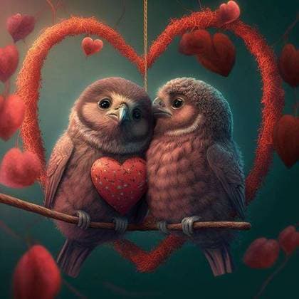 RECORD DATE NOT STATED An AI generated illustration of two cute owls perching on red heart design with red hearts background *** An&Verkauf AI generiert illustrierung des Zwei niedlich Eulen perching am Roter Herz Gestaltung mit Roter Herzen Hintergrund 17191321