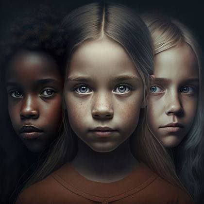 RECORD DATE NOT STATED An AI generated illustration of three little girls with blue eyes and freckles on their faces *** An&Verkauf AI generiert illustrierung des Drei Wenig Mädchen mit Blau Augen und Sommersprossen am ihrem Gesichter 17261983 ,property released