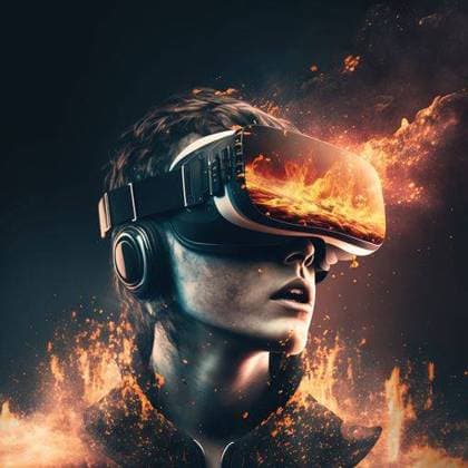 RECORD DATE NOT STATED An AI generated illustration of a man wearing virtual reality glasses with fire refecting on them *** An&Verkauf AI generiert illustrierung des einer Mann wearing virtuelle Realität Brille mit Feuer refecting am ihnen 17262238 ,property released