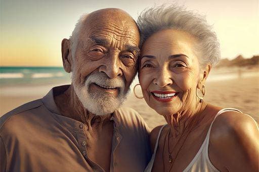 RECORD DATE NOT STATED An AI generated illustration of a Portrait of retired latin american couple, in summer at beach *** An&Verkauf AI generiert illustrierung des einer Porträt des pensioniert Latein amerikanisch couple, ÊIn Sommer im Strand 17362879