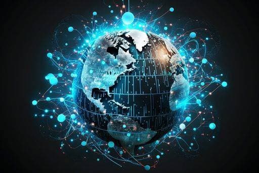 RECORD DATE NOT STATED An AI generated illustration of a global world telecommunication network connected around planet Earth *** An&Verkauf AI generiert illustrierung des einer Globale Welt telecommunication Netz verbunden rund Planetenweg Erde 17418262