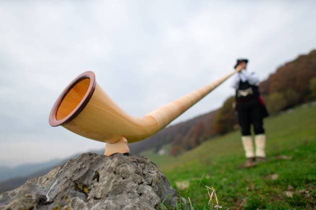 Alphorn. Ein Mann spielt in einem Alpental. *** Alphorn a Man plays in a Alpine Valley 1104302094