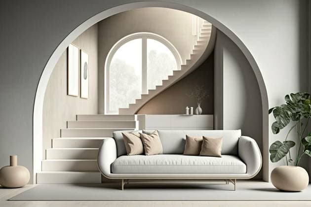  Modern minimalistic interior with sofa, arch and stairs illustration mockup. Generative AI, Modern minimalistic interior with sofa, arch and stairs illustration mockup. Generative AI., Modern minimalistic interior with sofa, arch and stairs illustration mockup. Generative AI., 15.03.2023, Copyright: xcreateimagex Panthermedia33795131.jpg