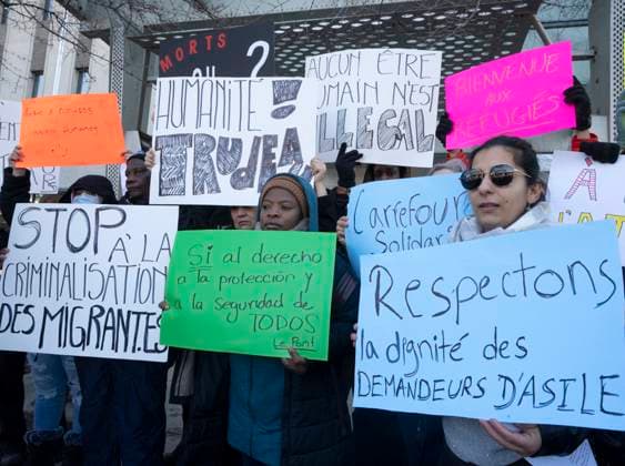 April 4, 2023, Montreal, PQ, Canada: Refugees and their supporters call for open borders as they take part in a protest in front of Prime Minister Justin Trudeau s riding office, in Montreal, Tuesday, April 4, 2023. Montreal Canada  - ZUMAc35_ 20230404_zaf_c35_049 Copyright: xRyanxRemiorzx