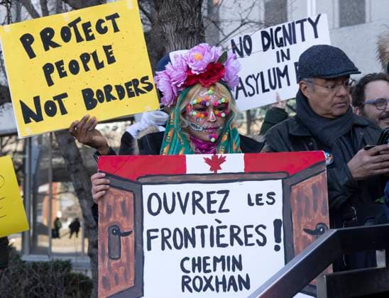 April 4, 2023, Montreal, PQ, Canada: Refugees and their supporters call for open borders as they take part in a protest in front of Prime Minister Justin Trudeau s riding office, in Montreal, Tuesday, April 4, 2023. Montreal Canada  - ZUMAc35_ 20230404_zaf_c35_051 Copyright: xRyanxRemiorzx