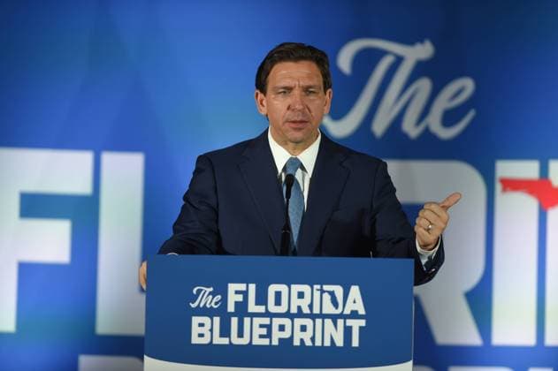 Governor Ron DeSantis (Republican of Florida) delivers remarks on And To The Republic: The Florida Blueprint at the Cradle of Aviation Museum in Garden City, New York on April 1, 2023. In his remarks DeSantis commented on the Manhattan Grand Jury s indictment of former US President Donald J. Trump. Copyright: xCNPx xMediaPunchx