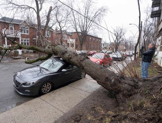 April 6, 2023, Montreal, PQ, Canada: A man takes pictures of a damage car in Montreal, Thursday, April 6, 2023 after an ice storm which left over a million customers without power in the province. Montreal Canada  - ZUMAc35_ 20230406_zaf_c35_011 Copyright: xRyanxRemiorzx
