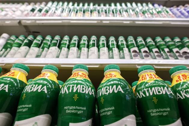 RUSSIA, RYAZAN - APRIL 7, 2023: Activia yogurts are on sale in a Globus hypermarket. The French multinational food company Danone plans to withdraw its brands Actimel, Activia, Alpro and Danone from the Russian market. Alexander Ryumin TASS  58282489