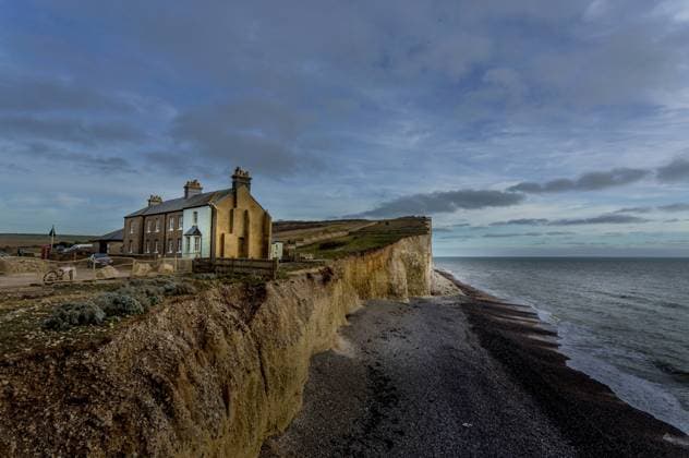 Coastguard Cottages at dusk, Birling Gap, South Downs National Park, East Sussex, England, United Kingdom, Europe Copyright: BarryxDavis 1358-135