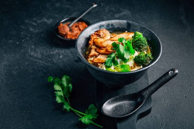 Vegan miso or ramen soup with mushrooms and vegetables on black background Vegan miso or ramen soup with mushrooms and vegetables on black background Copyright: xZoonar.com IngridxBalabanovax 19714115