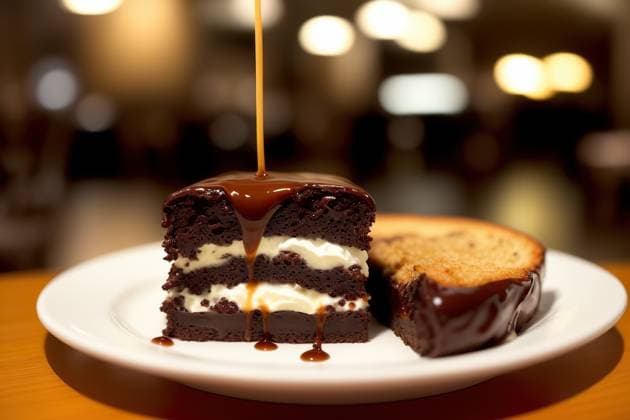Generative Ai illustration of delicious of sweet dessert of chocolate brownie cake garnished with whipped cream and caramel topping served on white plate on table AdalbertoRodriguez_ID13261_404352_004 Copyright: xAdalbertoxRodriguezx Model Released