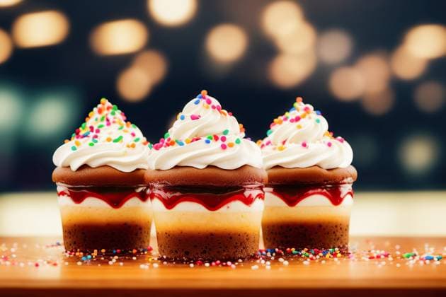 Generative Ai illustration of sweet tasty cupcakes with layer of jello and yogurt decorated with whipped cream and sprinkles served on table in cafe AdalbertoRodriguez_ID13261_404364_007 Copyright: xAdalbertoxRodriguezx Model Released