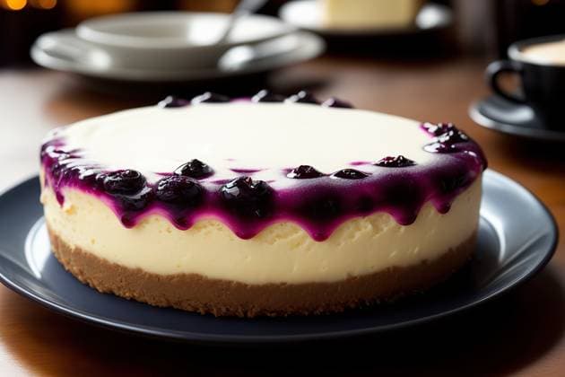 Generative Ai illustration of delicious sweet dessert of cake with biscuit and cream cheese layers decorated with icing and blueberries served on table near cup of coffee AdalbertoRodriguez_ID13261_404379_013 Copyright: xAdalbertoxRodriguezx Model Released