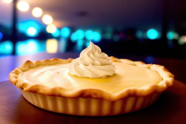 Generative Ai illustration of delicious lemon meringue pie placed on wooden table in dark contemporary cafe against blurred background AdalbertoRodriguez_ID13261_404389_020 Copyright: xAdalbertoxRodriguezx Model Released