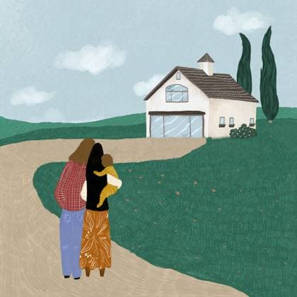 Illustration back view of family with toddler standing on path near green lawn embracing while admiring countryside white house with brown roof BrendaFebus_ID13363_407307_003 Copyright: xBrendaxFebusx Model Released