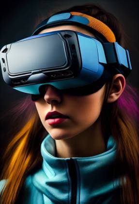 Generative AI illustration of female virtual player with virtual reality headset exploring futuristic cyberspace against dark background JuanLopez_ID13243_403952_003 Copyright: xJuanxLopezx Model Released