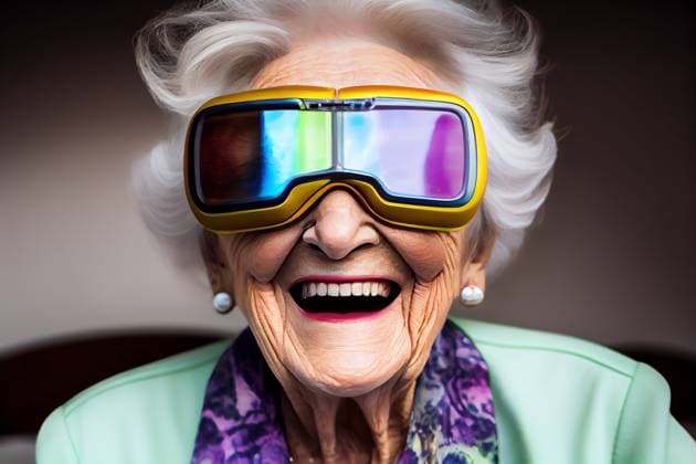 Generative AI illustration of happy senior female with gray hair wearing VR headset while exploring cyberspace JuanLopez_ID13243_403962_007 Copyright: xJuanxLopezx Model Released