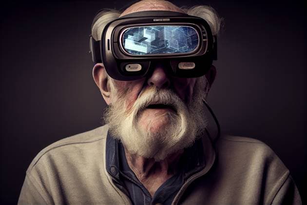 Generative AI illustration of bearded male gamer in VR goggles playing video game against black background JuanLopez_ID13243_403970_010 Copyright: xJuanxLopezx Model Released