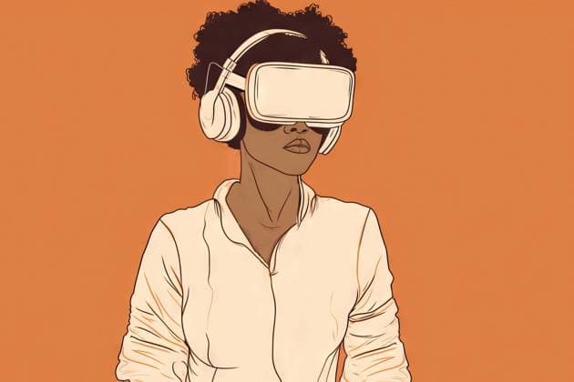 Generative AI illustration image of African American female in VR headset exploring cyberspace on orange background ManuelRuiz_ID13486_410327_011 Copyright: xManuelxRuizx Model Released