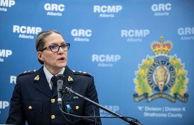 April 10, 2023, SHERWOOD PARK, AB, CANADA: RCMP Superintendent Dale Kendall speaks about RCMP constable Harvinder Singh Dhami who was killed in a car accident on the way to a call, in Sherwood Park, Alta., Monday, April 10, 2023. SHERWOOD PARK CANADA  - ZUMAc35_ 20230410_zaf_c35_021 Copyright: xJasonxFransonx