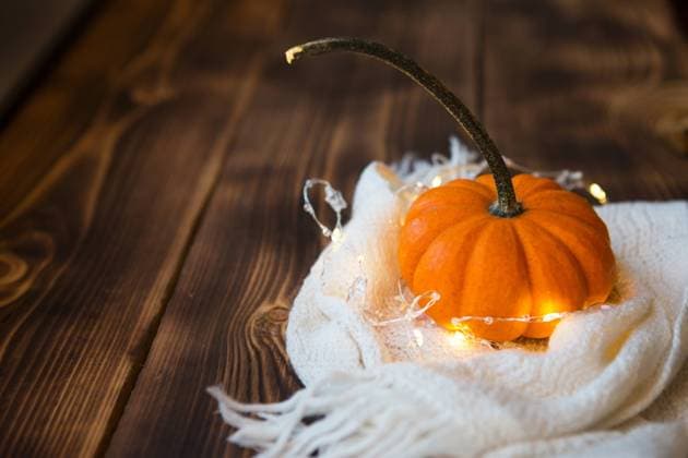 IMAGO Creative: Herbst, Gemütliches Zuhause Orange pumpkin wrapped in a warm white plaid with lights of garlands on a wooden table with copyspace. Autumn mood, halloween, harvest, thanksgiving, home decor and cozy. Selective focus Orange pumpkin wrapped in a warm white plaid with lights of garlands on a wooden table with copyspace. Autumn mood, halloween, harvest, thanksgiving, home decor and cozy. Selective focus Copyright: xZoonar.com OLGAxSIMONOVAx 19742333