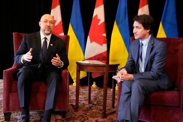 April 11, 2023, TORONTO, ON, CANADA: Ukrainian Prime Minister Denys Shmyhal and Prime Minister Justin Trudeau hold a bilateral meeting in Toronto, Tuesday, April 11, 2023. TORONTO CANADA  - ZUMAc35_ 20230411_zaf_c35_004 Copyright: xFrankxGunnx