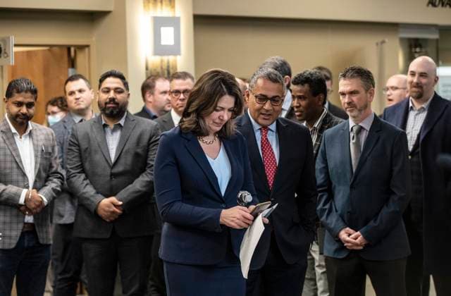 April 11, 2023, SHERWOOD PARK, AB, CANADA: Alberta Premier Danielle Smith prepares to announce a public health guarantee in Sherwood Park, Alta., Tuesday, April 11, 2023. SHERWOOD PARK CANADA  - ZUMAc35_ 20230411_zaf_c35_021 Copyright: xJasonxFransonx