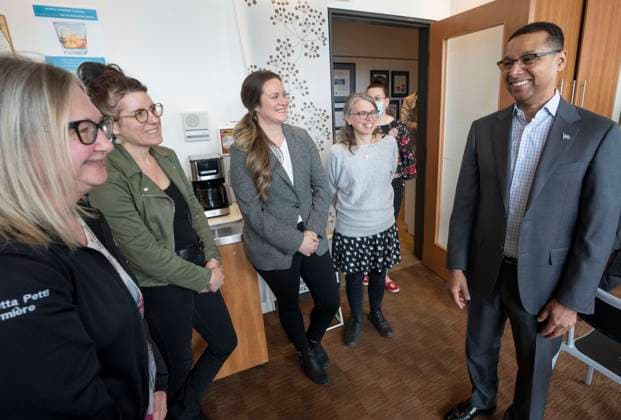 April 12, 2023, Montreal, PQ, Canada: Quebec Social Services Minister Lionel Carmant chats with staff at a pediatric palliative care facility after announcing increased funding for people and families with disabilities, Wednesday, April 12, 2023 in Montreal. Montreal Canada  - ZUMAc35_ 20230412_zaf_c35_013 Copyright: xRyanxRemiorzx