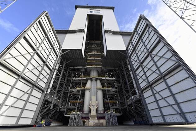 Illustration picture shows a testing replica of the Ariane 6 space launch vehicule during a royal visit to the Guiana Space Centre in Kourou, French Guiana, France on Wednesday 12 April 2023. On Thursday ESA s Jupiter Icy Moons Explorer mission Juice is planned for launch from Europe s Spaceport in Kourou.  ERICxLALMAND 64608053
