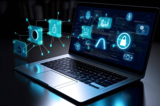 AI generated photo of Laptop with security signs on the screen *** AI generated photo of Laptop with security signs on the screen