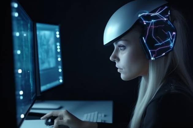 AI generated photo of a futuristic cyborg girl in front of a computer *** AI generated photo of a futuristic cyborg girl in front of a computer