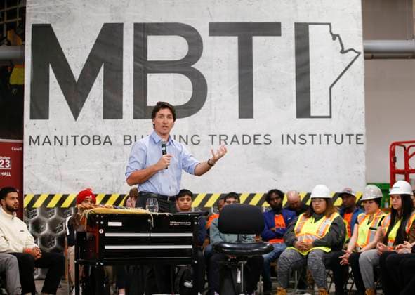 April 12, 2023, WINNIPEG, MANITOBA, CANADA: Prime Minister Justin Trudeau speaks during a town hall meeting at the Manitoba Building Trades Institute in Winnipeg, Wednesday, April 12, 2023. WINNIPEG CANADA  - ZUMAc35_ 20230412_zaf_c35_091 Copyright: xJohnxWoodsx