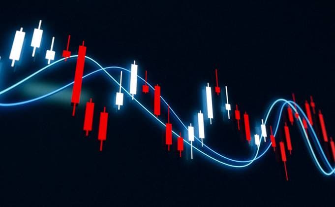 Stock exchange, chart and lines. Screen with candle stick chart and moving averages. Business and finance, stock market trading and investment research concept. stock_market095_candle_stick_chart