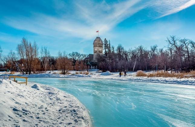 The Assiniboine Park Pavilion seen across the Duck Pond skating rink at Assiniboine Park, Winnipeg, Manitoba, Canada, North America Copyright: BarryxDavis 1358-136