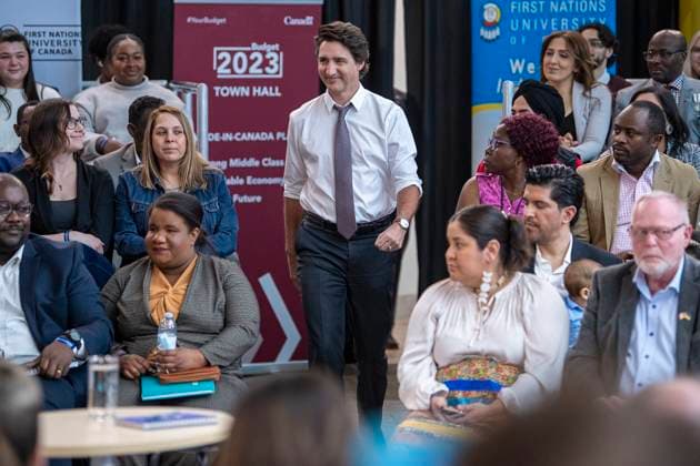 April 13, 2023, Regina, SK, Canada: Prime Minister Justin Trudeau enters a town hall at the First Nations University of Canada in Regina, Thursday, April 13, 2023. Regina Canada  - ZUMAc35_ 20230413_zaf_c35_164 Copyright: xLiamxRichardsx