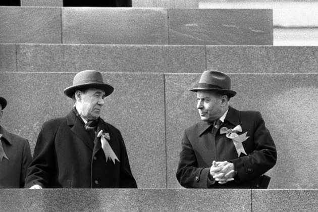 Andrei Gromyko and Geidar Aliyev 958980 01.05.1987 Andrei Gromyko and Geidar Aliyev at the tribune of the Lenin s Mausoleum. Boris Kaufman Sputnik Moscow Russia  Copyright: xBorisxKaufmanx