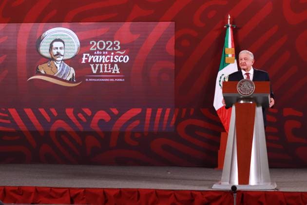 Mexican President Andres Manuel Lopez Obrador Briefing Conference April 14, 2023, Mexico City, Mexico: Mexico s President, Andres Manuel Lopez Obrador, speaks during his briefing conference this Friday at National Palace. on April 14, 2023 in Mexico City, Mexico. (Photo by Carlos Santiago Eyepix Group) Copyright: xCarlosxSantiagox xEyepixxGroupx CS202304145987