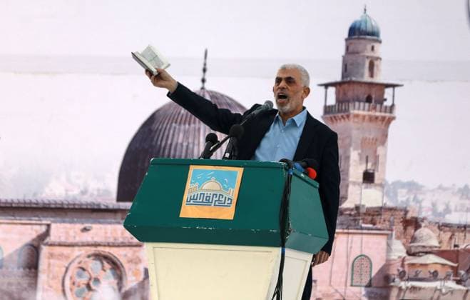 Rally To Mark Al-Quds Day In Gaza Head of the political wing of the Palestinian Hamas movement in the Gaza Strip Yahya Sinwar speaks during a protest held to mark Al-Quds (Jerusalem) Day, a commemorative day in support of the Palestinian people celebrated annually on the last Friday of the Muslim fasting month of Ramadan by an initiative started by late founder of the Islamic republic in Iran. in Gaza City on April 14, 2023. Gaza Palestine  Copyright: xMajdixFathix originalFilename: fathi-notitle230413_np0ac.jpg