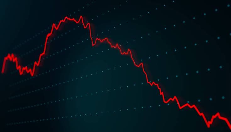 Falling graph, stock market and exchange chart. Red line moves down. Business chart, revenues or production data, financial figures, crisis and economic depression. stock_market087s01_index_chart_moving_down