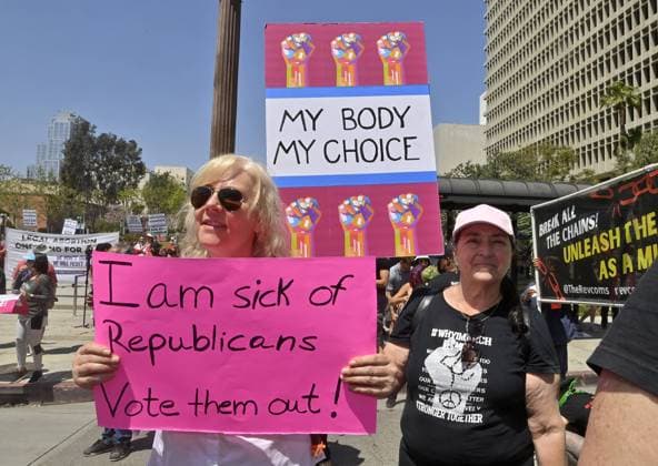 Hundreds of protesters gather in Pershing Square in downtown Los Angeles in response to a ruling by a federal judge inTexas that could overturn the FDA s approval of the most common abortion drug in the United States on Saturday, April 15, 2023.  LAP20230415807 JIMxRUYMEN