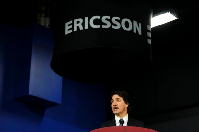 April 17, 2023, Ottawa, ON, CAN: Prime Minister Justin Trudeau takes part in an announcement and press conference at Ericsson in Ottawa on Monday, April 17, 2023. Ottawa CAN  - ZUMAc35_ 20230417_zaf_c35_007 Copyright: xSeanxKilpatrickx
