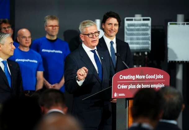 April 17, 2023, Ottawa, ON, CAN: Borje Ekholm, President and CEO of Ericsson speaks as he is joined by Prime Minister Justin Trudeau and Minister of Innovation, Science and Industry Francois-Philippe Champagne during an announcement and press conference at Ericsson in Ottawa on Monday, April 17, 2023. Ottawa CAN  - ZUMAc35_ 20230417_zaf_c35_024 Copyright: xSeanxKilpatrickx